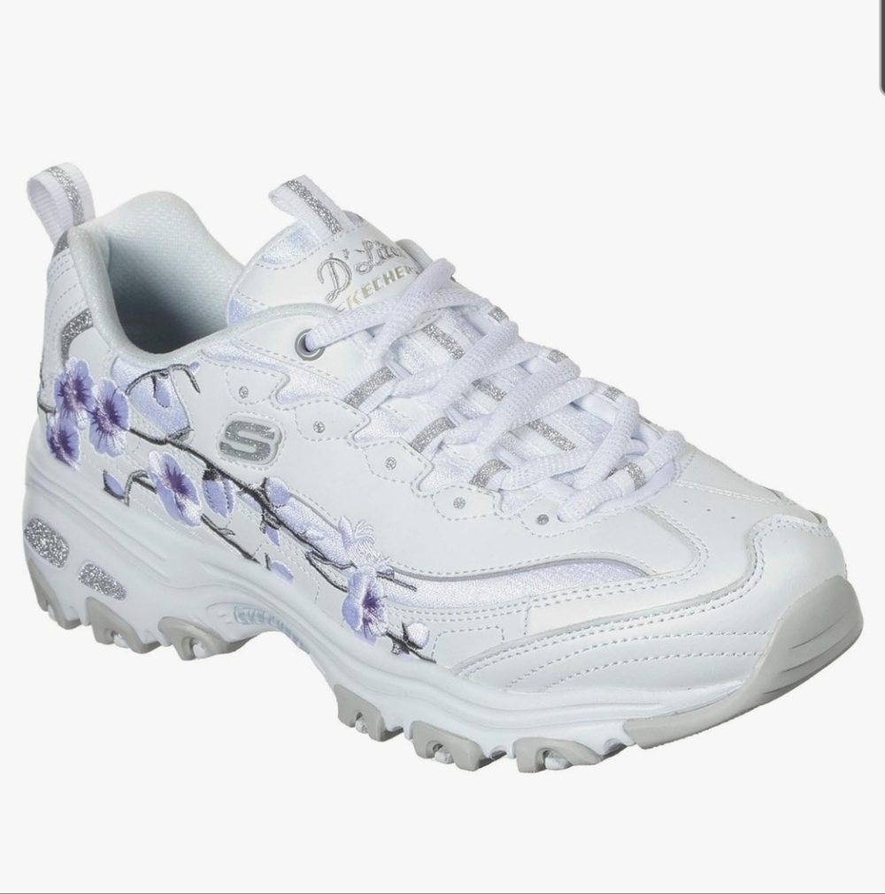 Skechers D’Lites Soft Blossom Floral Sneakers – White Purple Platform, Size 8
